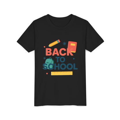 Black youth tee with colorful back to school design