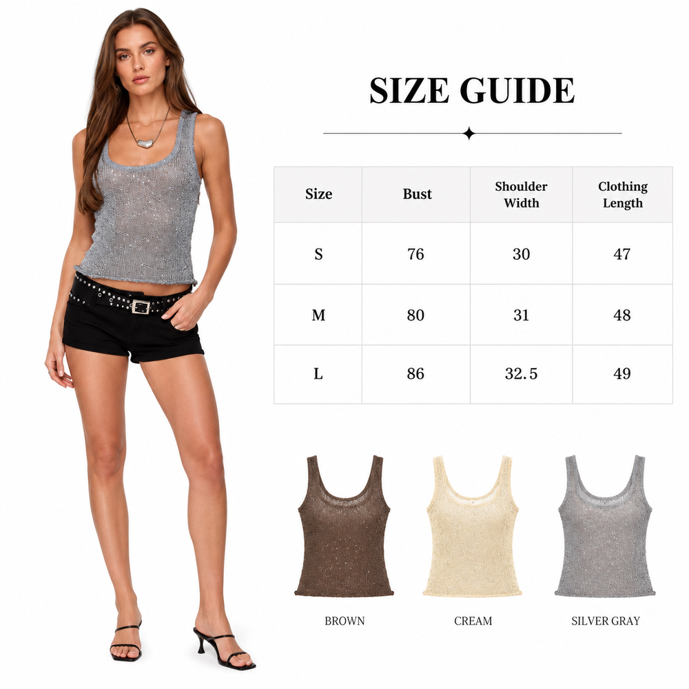 Strappy sheer tank top with light shimmer, fitted shape, and modern feminine styling