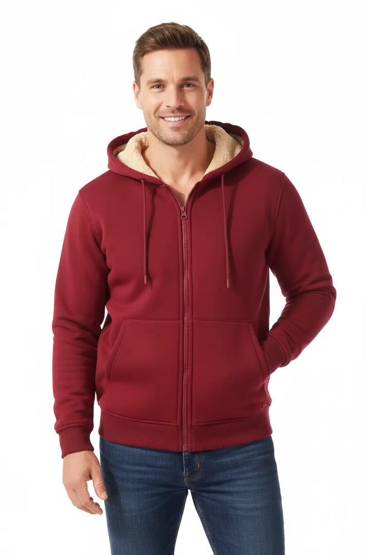 mens plus size sherpa lined zip hoodie layered under coat for winter commuting scenario