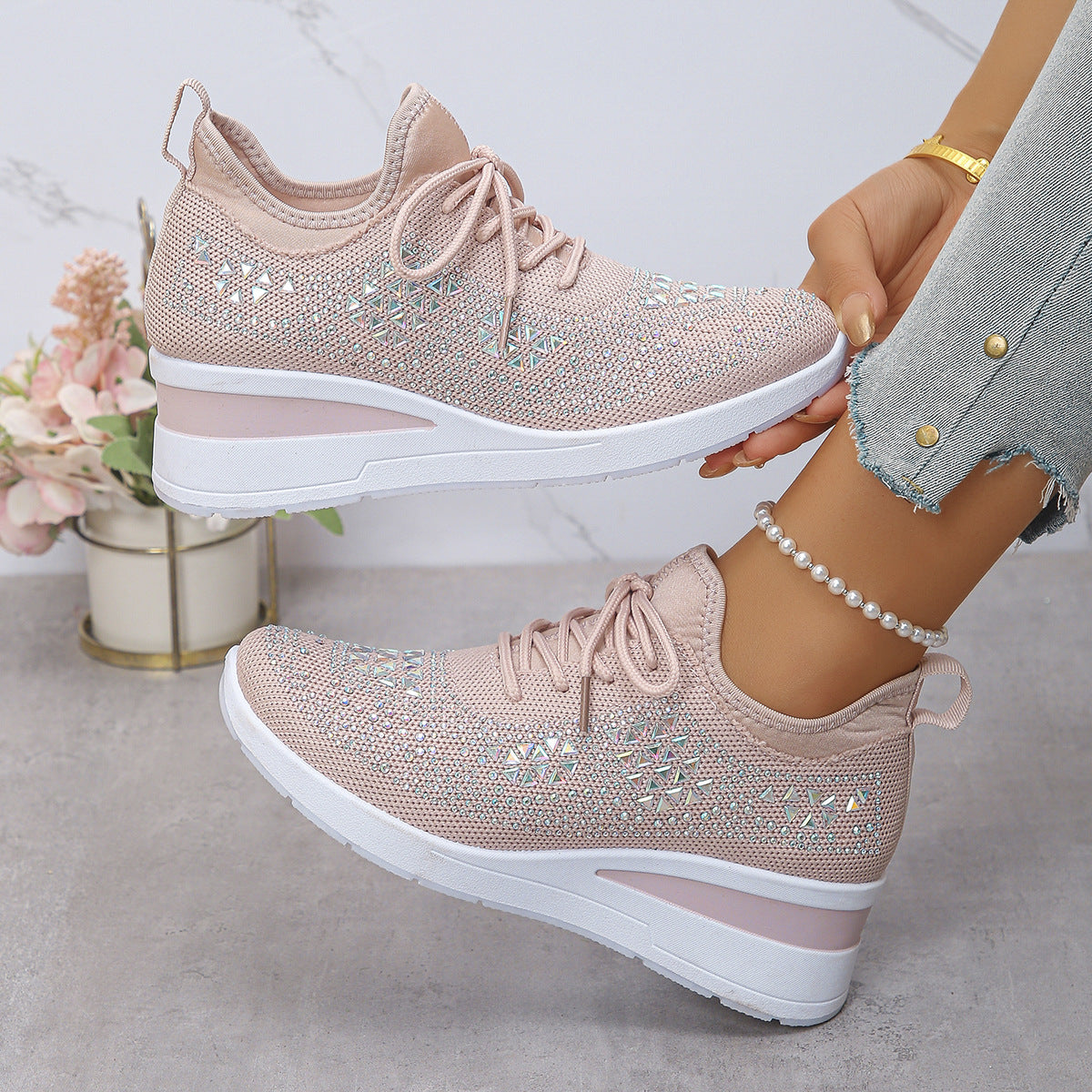 Ins Rhinestone Wedge Sneakers With Hidden Height Boost