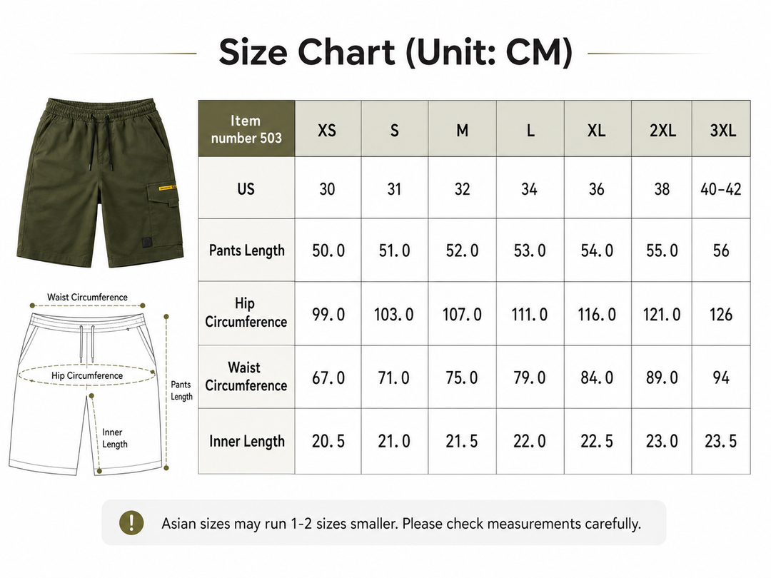 Size chart for shorts with measurements in centimeters and a visual of the shorts.