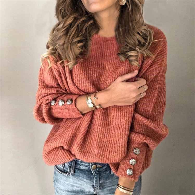 Women’s Long Sleeve Round Neck Button Knit T-Shirt sleeve cuff detail emphasizing conventional sleeve construction
