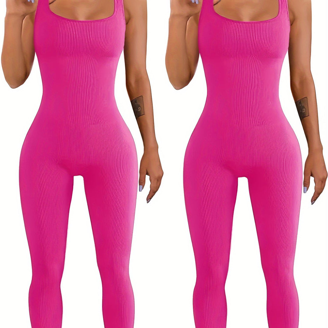 Two views of a pink ribbed jumpsuit on a white background