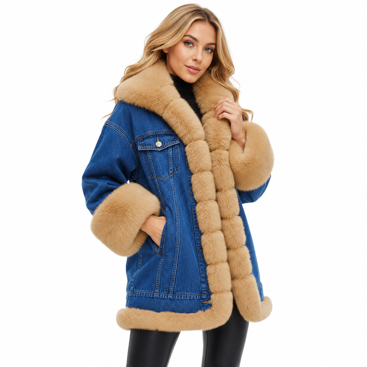 Fur lined jean jacket in longline faux fur coat style for warm winter layering