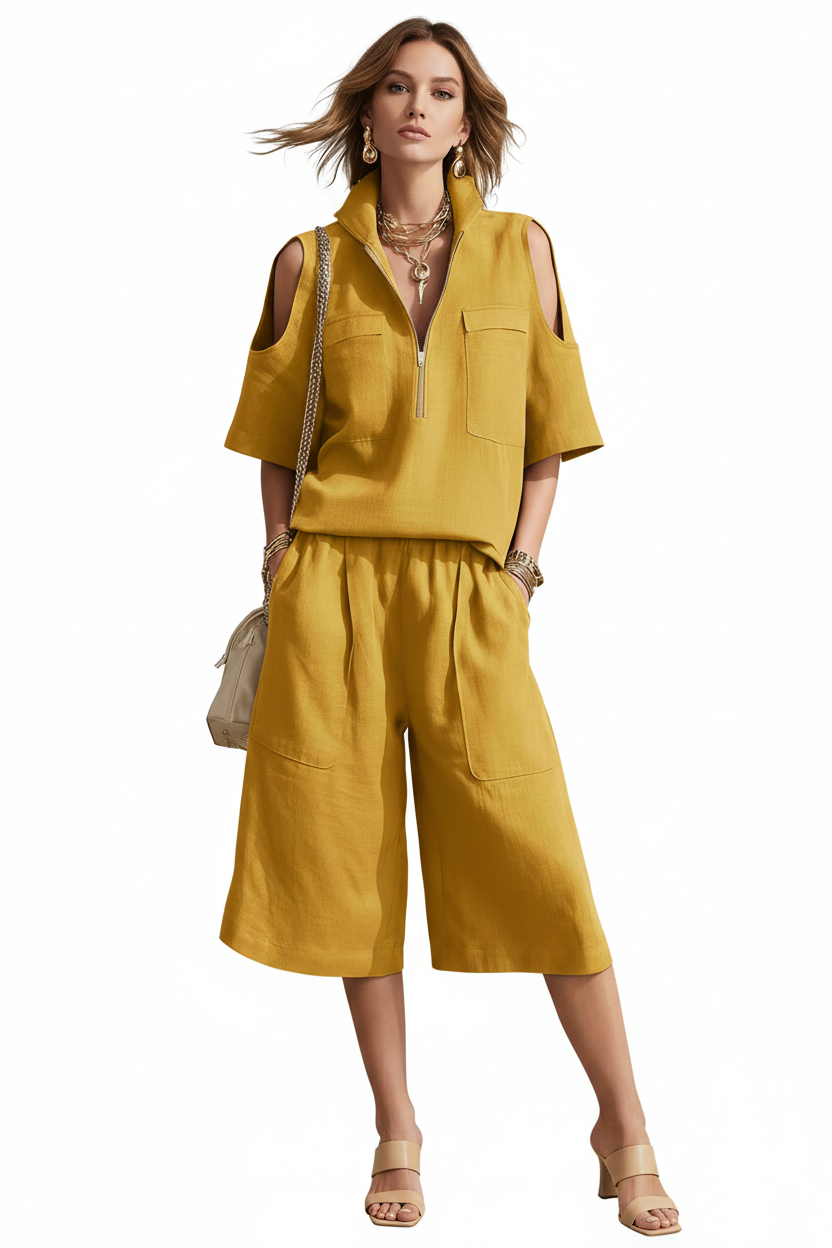 Back view of the matching set highlighting clean lines and the relaxed drape of the top