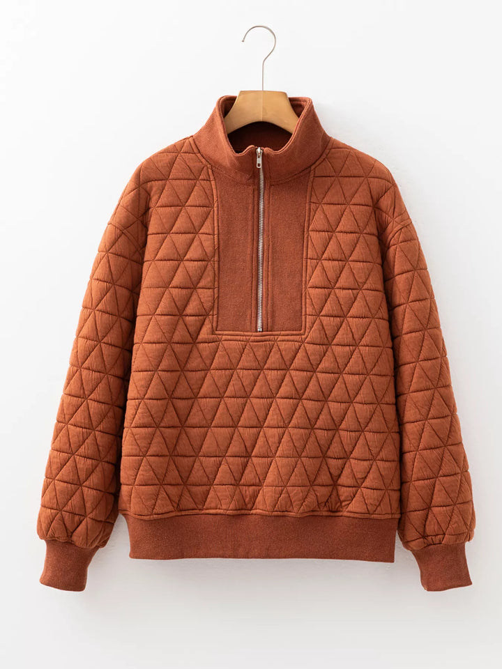 Olive green quilted half-zip pullover women relaxed fit cozy weekend style