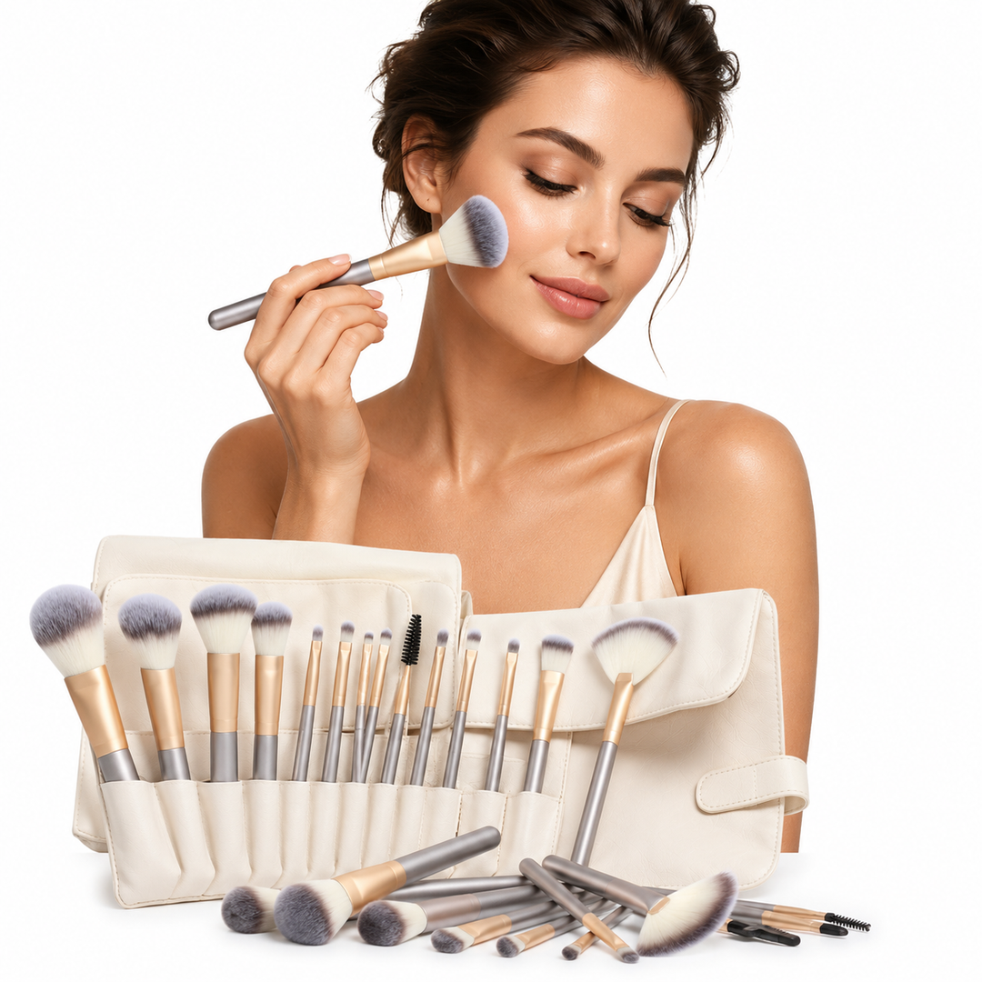 Rice white and champagne makeup brush set with no logo, offered in 12, 18 or 24-piece options for a coordinated product look.
