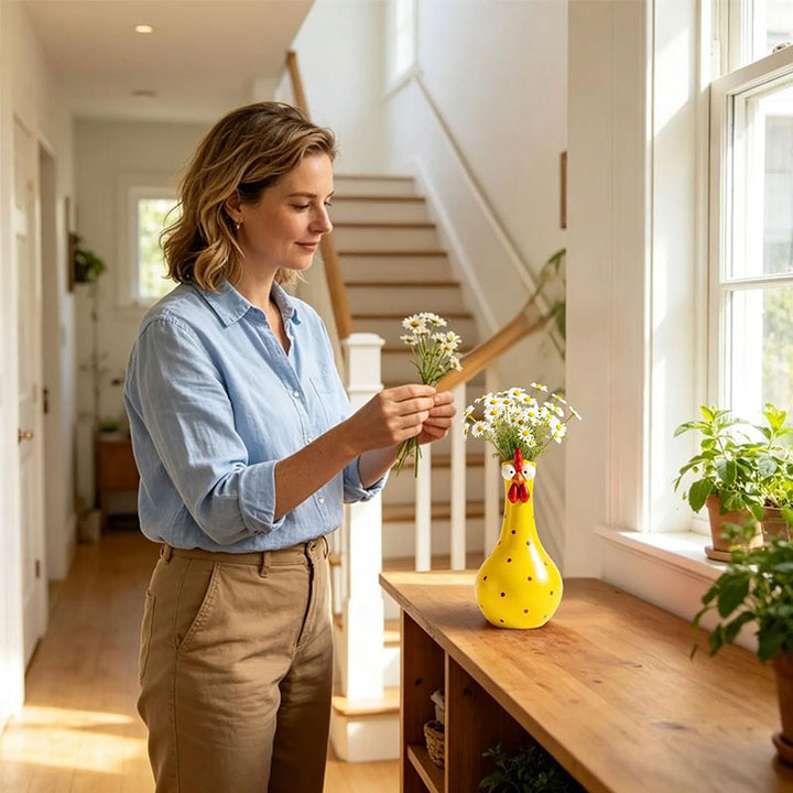 Decorative chicken vase with a long-neck silhouette and colorful dot, presented as a resin accent for shelf or table styling.