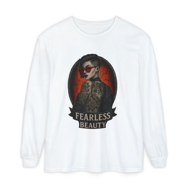 White sweatshirt with a graphic design of a woman with tattoos and sunglasses, labeled &