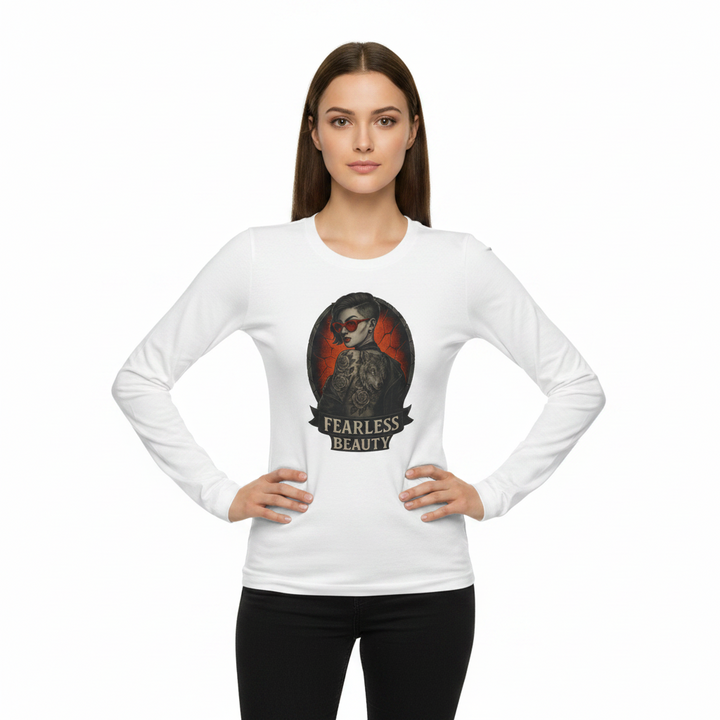 White unisex long sleeve graphic tee with Fearless Beauty artwork, ribbed cuffs, and vintage cotton streetwear style
