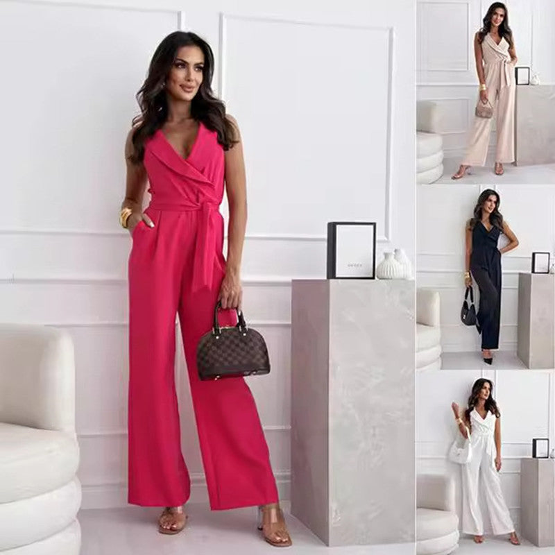 v-neck sleeveless jumpsuit in apricot with waist belt, smooth polyester-spandex drape and full trousers for brunch looks
