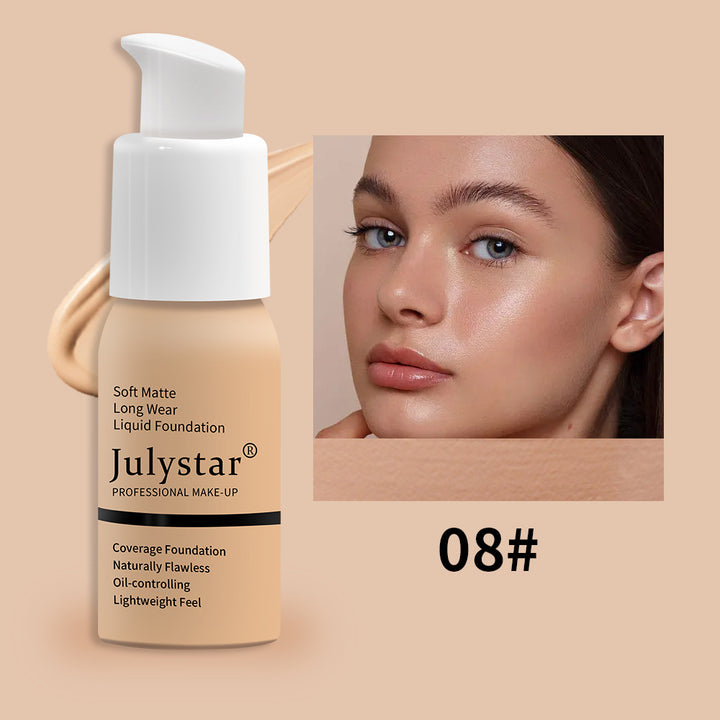 Waterproof liquid foundation with soft matte finish, concealer coverage, and long wear comfort