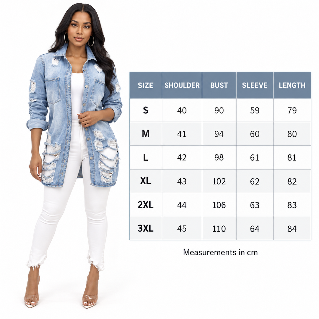 A woman modeling a light blue distressed denim jacket over a white top and white pants, standing beside a size measurement chart with columns for size, shoulder, bust, sleeve, and length in centimeters.