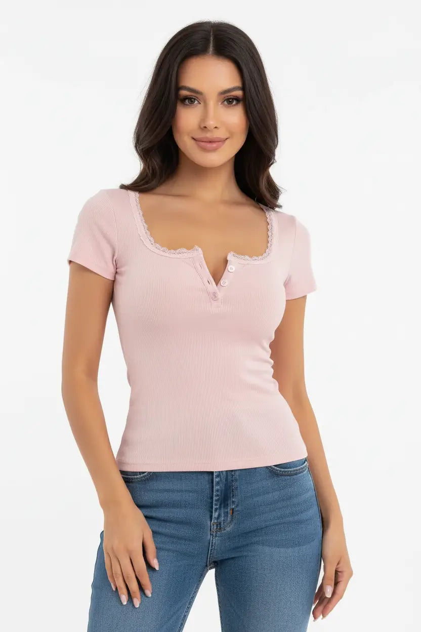 lace trim slim fit top plus size fabric texture detail soft hand feel close up