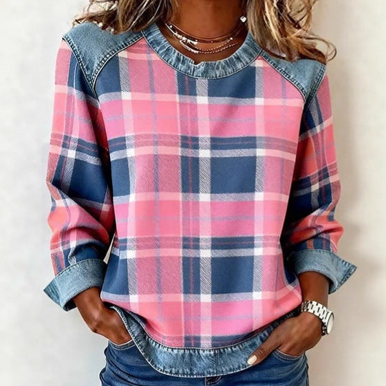 Denim Patchwork Sweatshirt Women – Relaxed Urban Style
