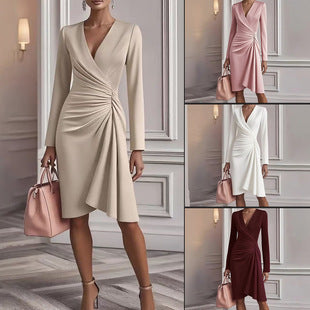Burgundy slim fit pleated dress deep V-neck long sleeve elegant evening wear