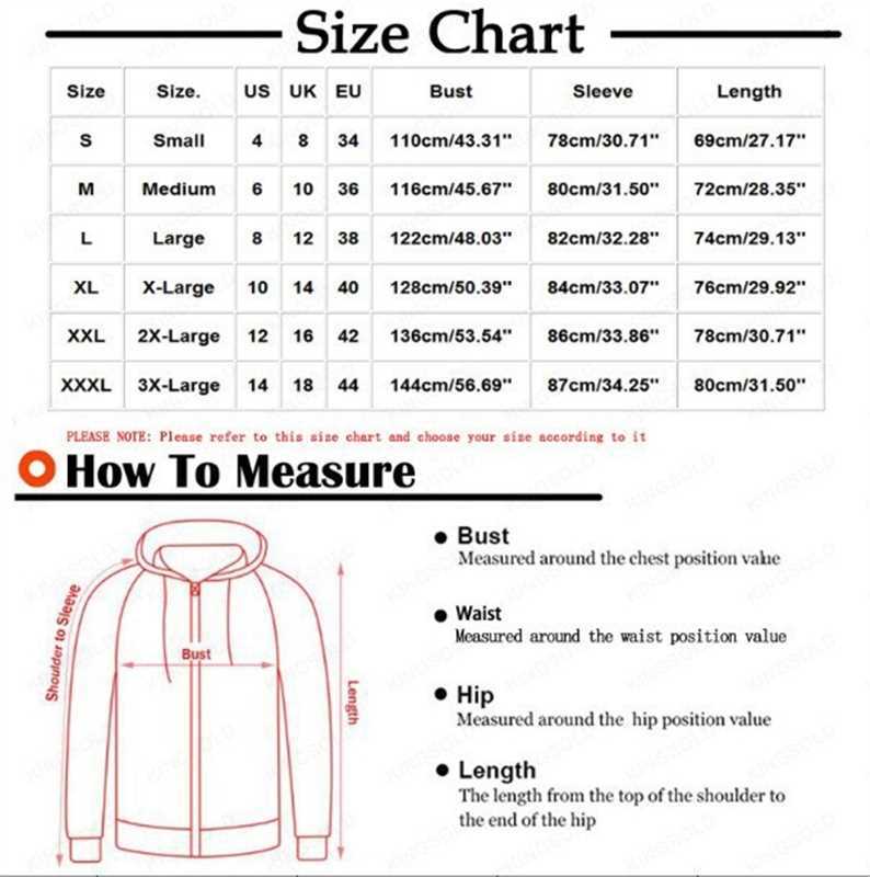 Size chart for a hoodie with measurements in US, UK, EU, bust, sleeve, and length.