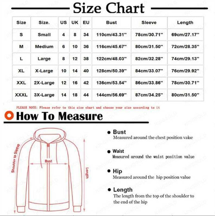 Size chart for a hoodie with measurements in US, UK, EU, bust, sleeve, and length.