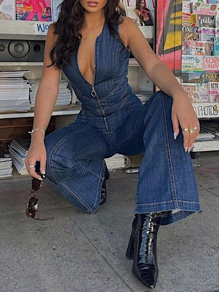 Wide leg denim-style jumpsuit side view