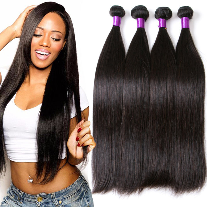 Woman with long straight hair and three bundles of black hair extensions on a white background