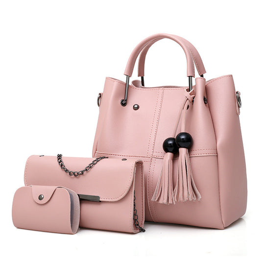Women Three Piece Handbag Set - Tassel PU Leather Bag