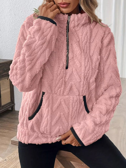 casual fleece sweatshirt women half zip design polyester blend soft fabric everyday wear pullover
