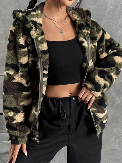 womens camo hoodie zip up fuzzy polyester outerwear piece with relaxed silhouette and practical side pockets