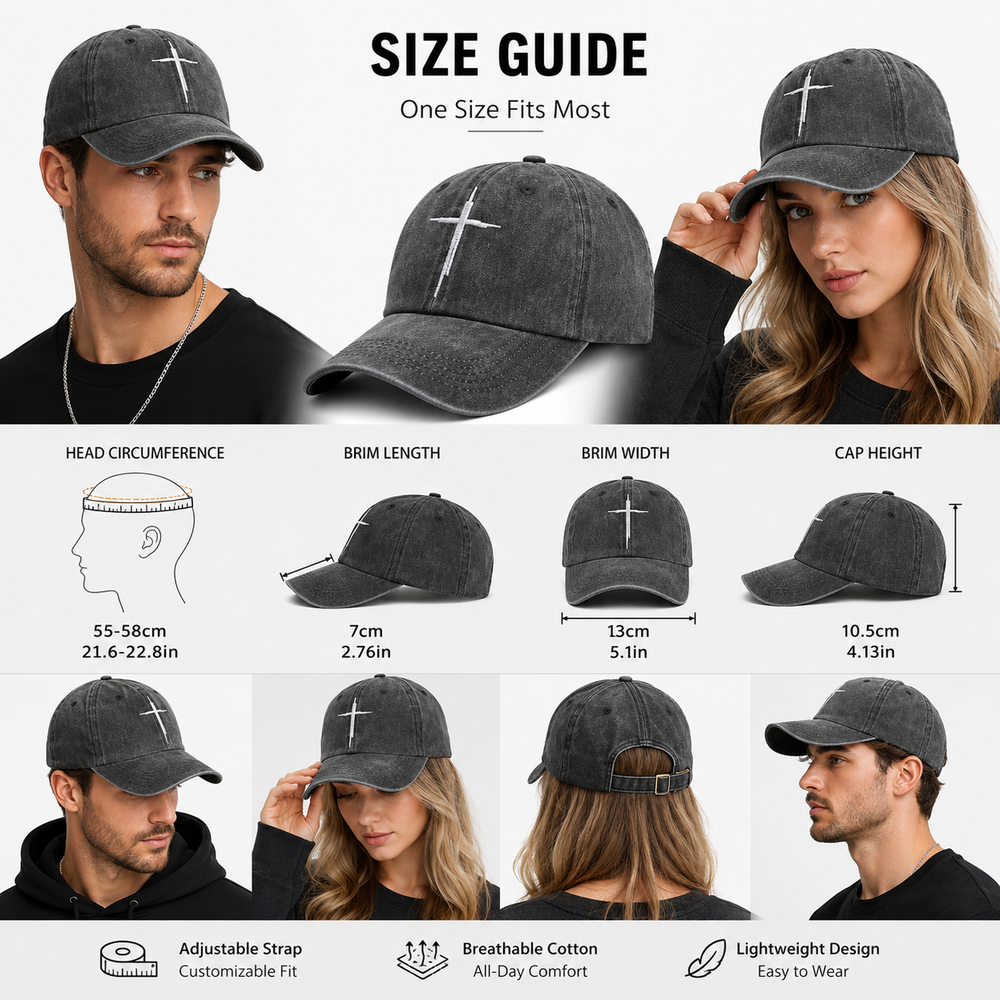 Size guide for a black cap with cross design, featuring measurements and a model wearing the cap.