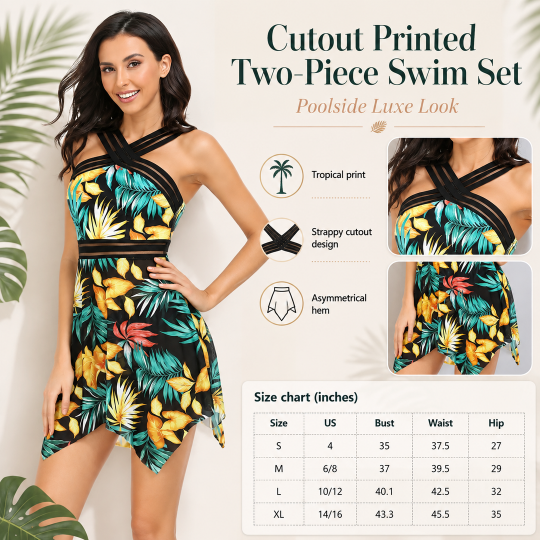 A woman modeling a tropical print two-piece swim set with a cutout design, alongside product feature callouts and a size chart. The swimsuit has a black, yellow, green, and blue floral/tropical pattern.