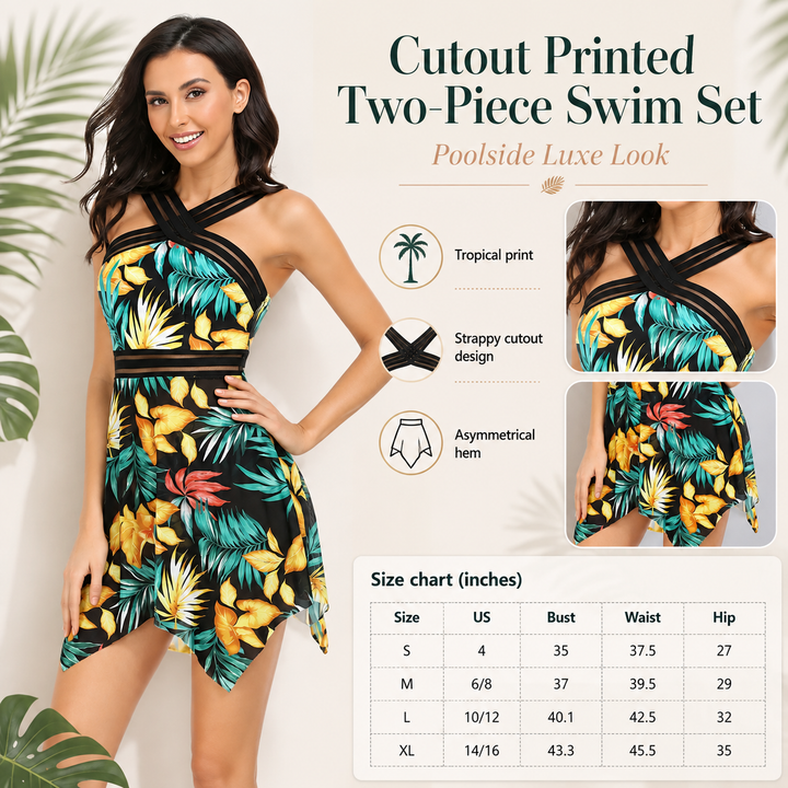 A woman modeling a tropical print two-piece swim set with a cutout design, alongside product feature callouts and a size chart. The swimsuit has a black, yellow, green, and blue floral/tropical pattern.