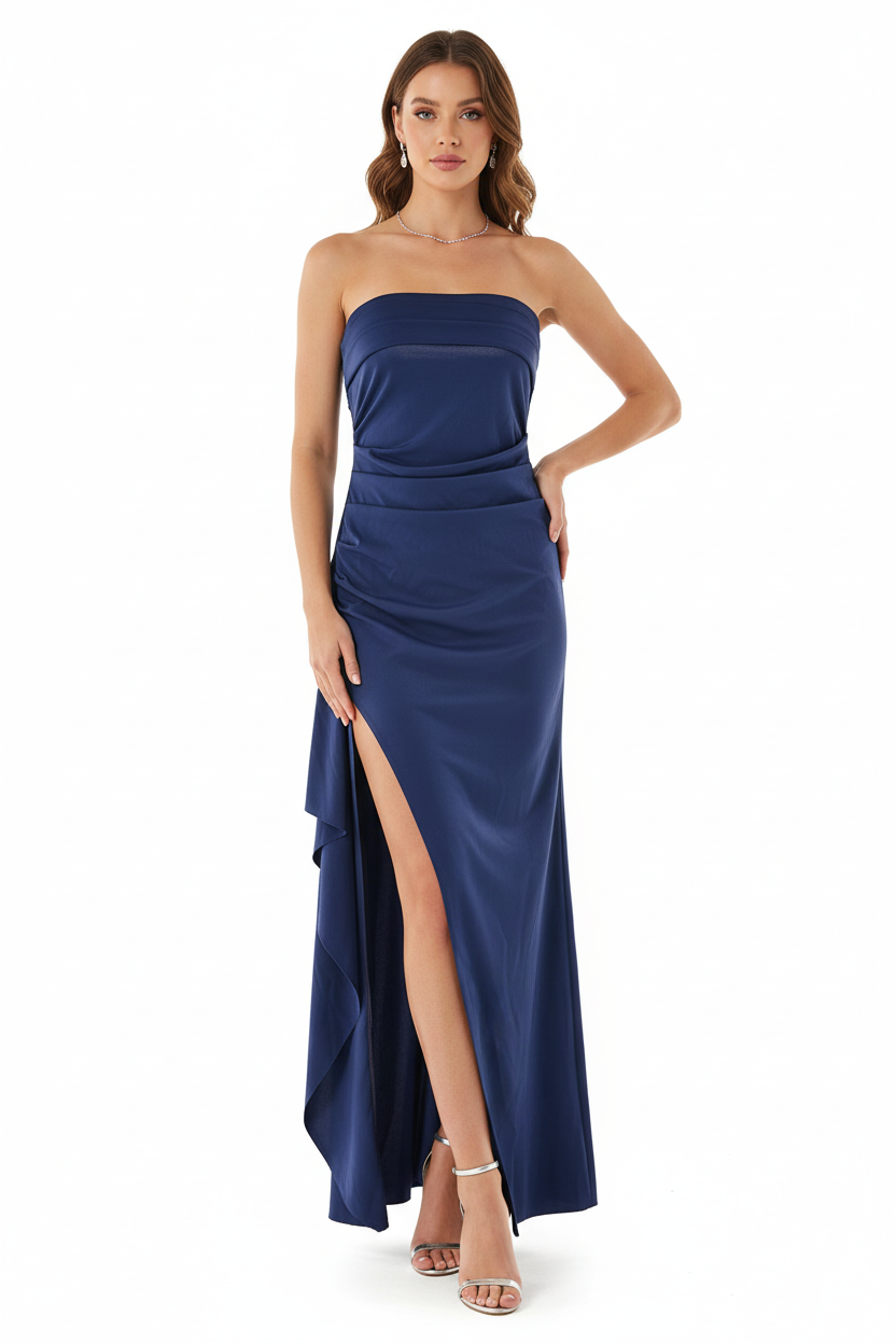 Strapless Pleated Maxi Dress Elegant Split Style Summer