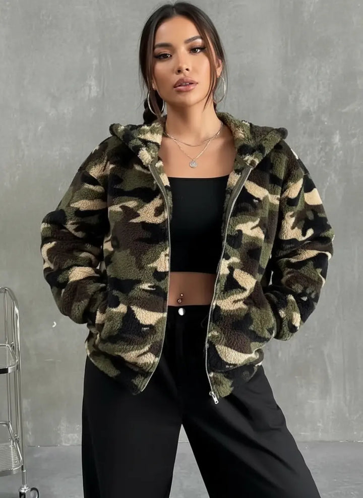 womens fuzzy camo zip hoodie soft green patterned sweatshirt with full zipper and pockets for school runs and travel