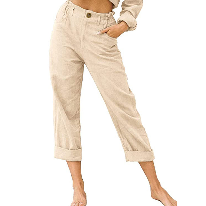 Cotton linen women pants high waist loose fit elastic waistband breathable summer casual trousers