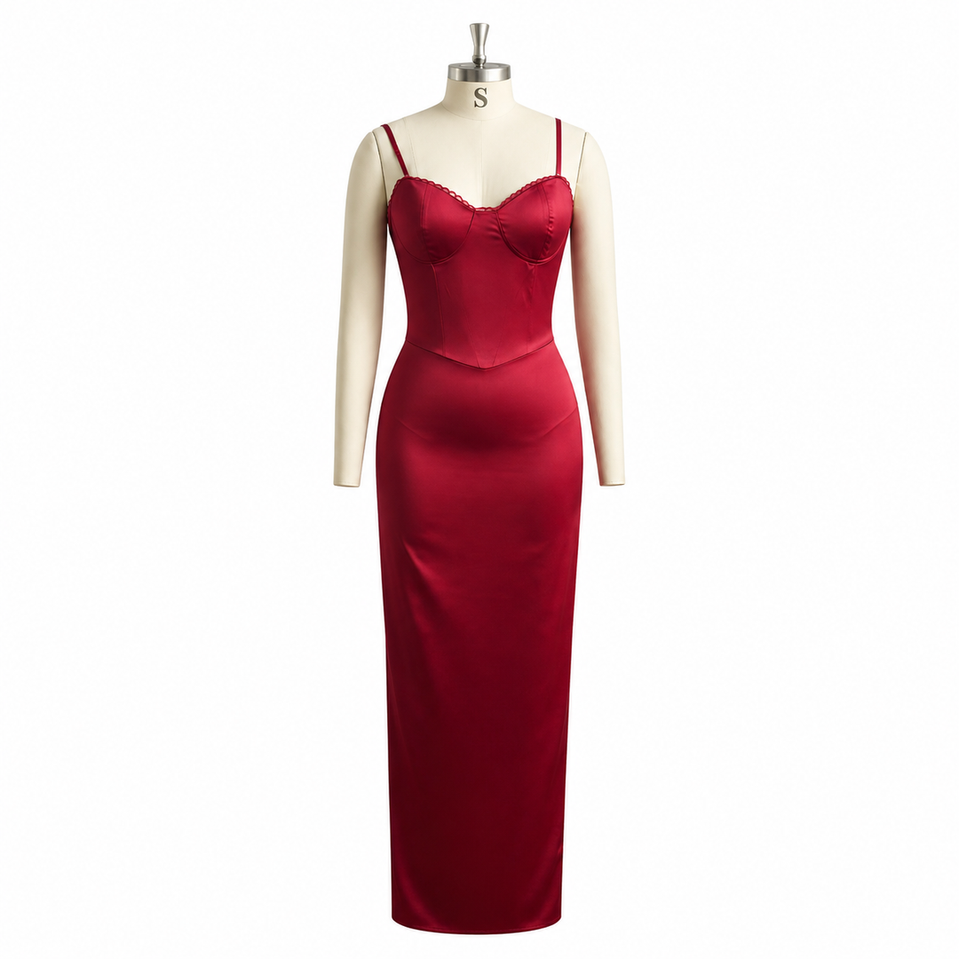 Red Evening Dress - Wine Satin Sleeveless Backless Gown