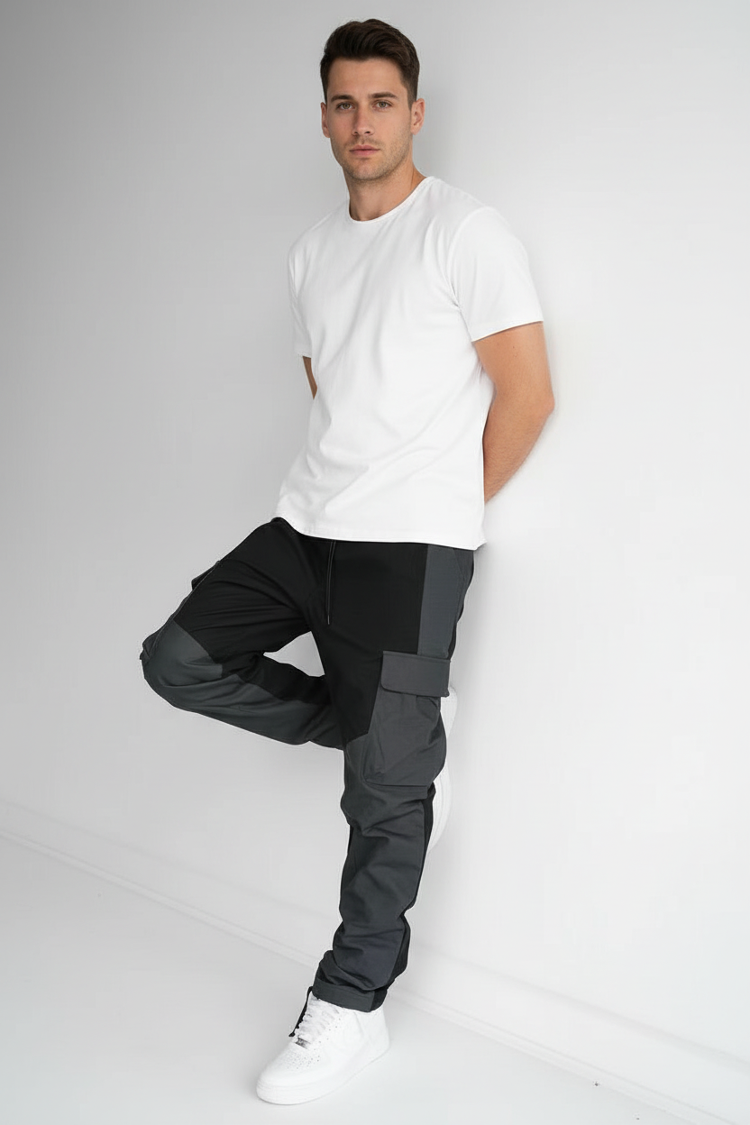 Men's Large Pocket Stitching Trousers - Black Loose Fit