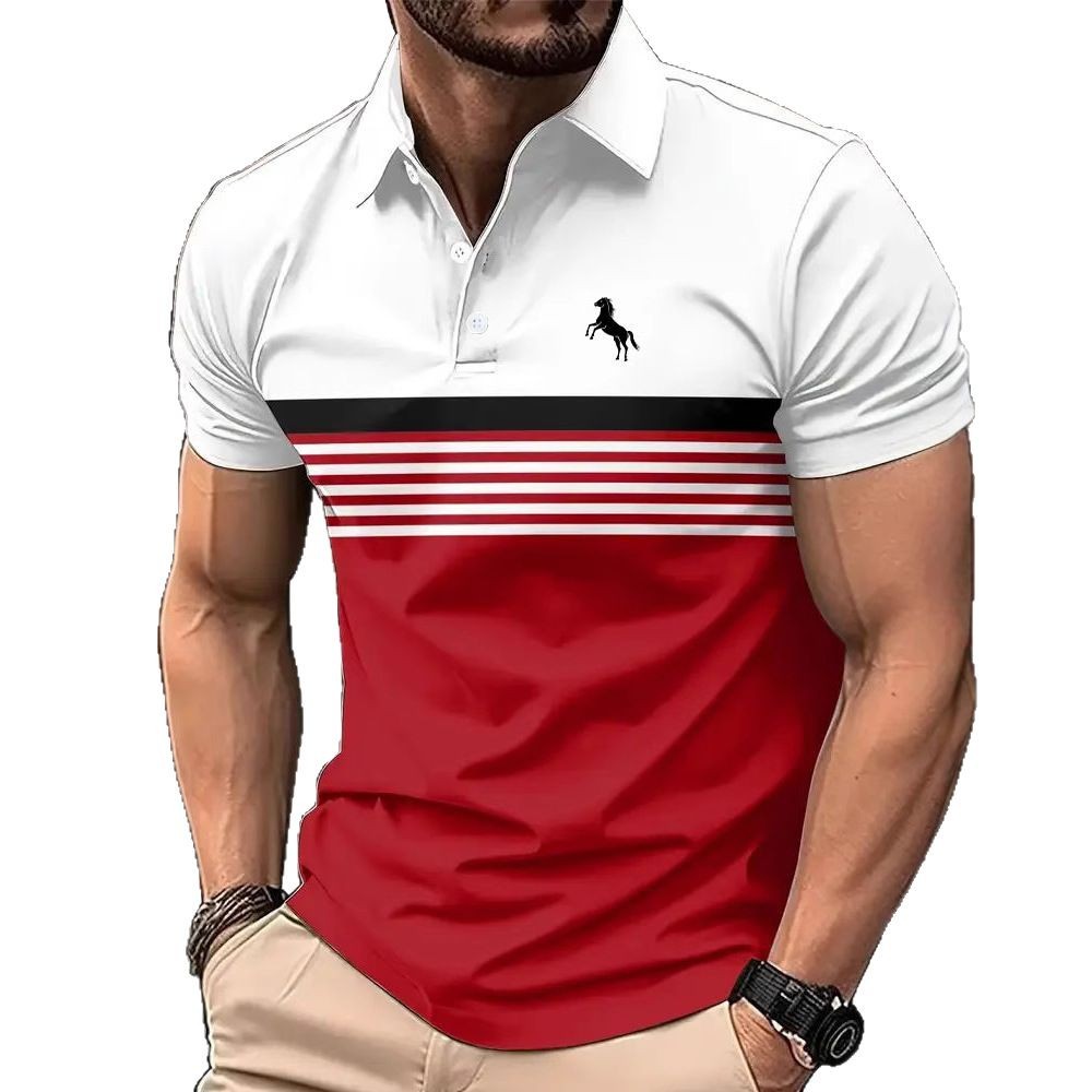White polo shirt with red and black stripe design worn by a person on a white background