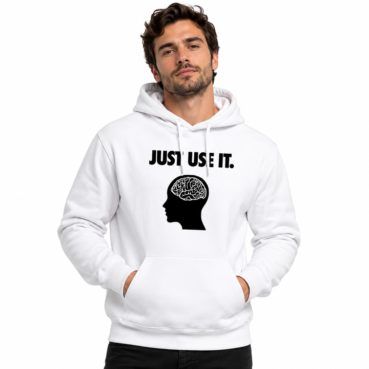 Graphic hoodie for men in white with loose pullover fit, brain print, drawstring hood and front pocket for casual daily wear.