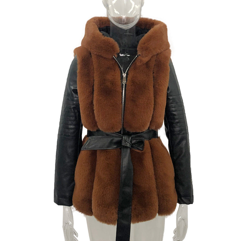 Elegant hooded faux fur coat for women with structured silhouette