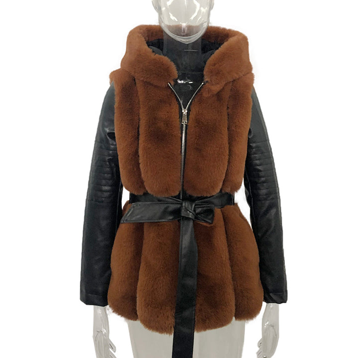 Elegant hooded faux fur coat for women with structured silhouette