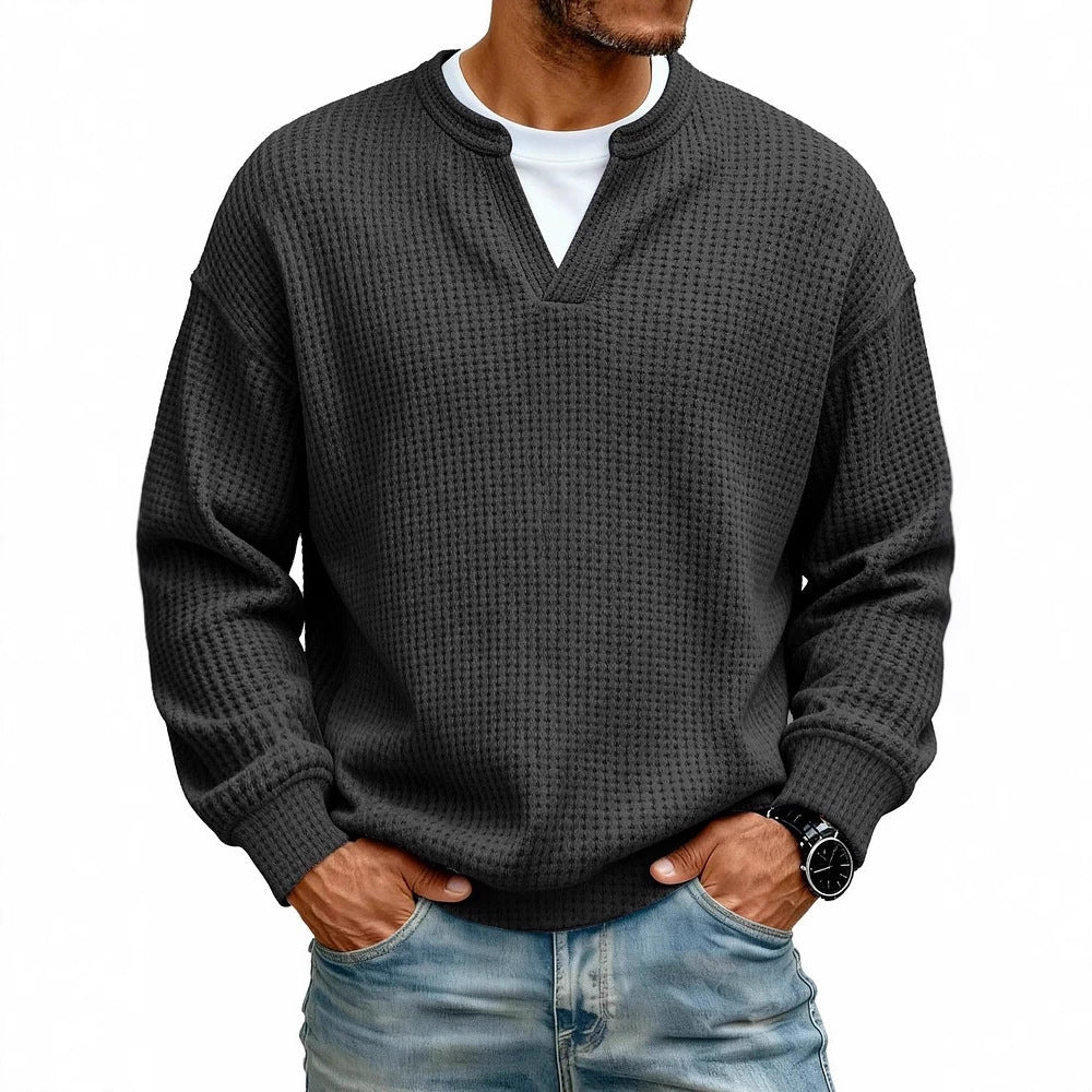 Textured men’s waffle sweater paired with everyday essentials for a refined casual outfit