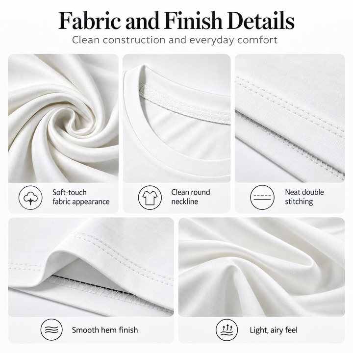 A product detail graphic showing five close-up views of white fabric and construction quality, with text reading &