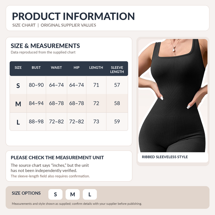 Product information graphic showing a size chart and measurements table for a ribbed sleeveless tank top, alongside a model wearing the garment in a black color. The chart lists sizes S, M, and L with bust, waist, hip, length, and sleeve length measurements.