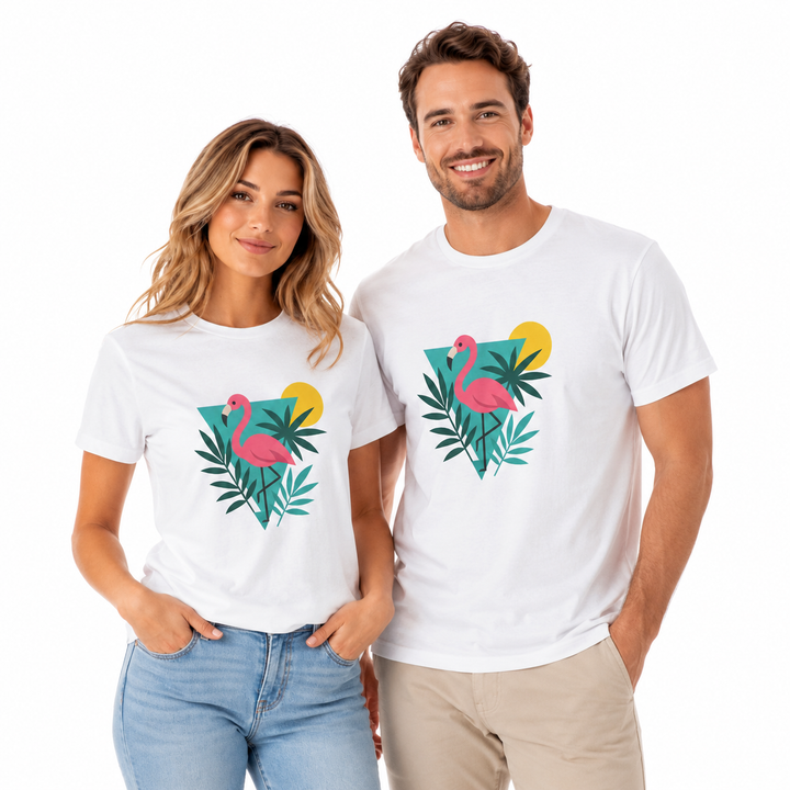 Flat lay of beach vacation tee with sunglasses, sandals, and summer accessories