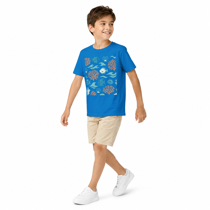 Child wearing a blue t-shirt with a coral reef design on a white background