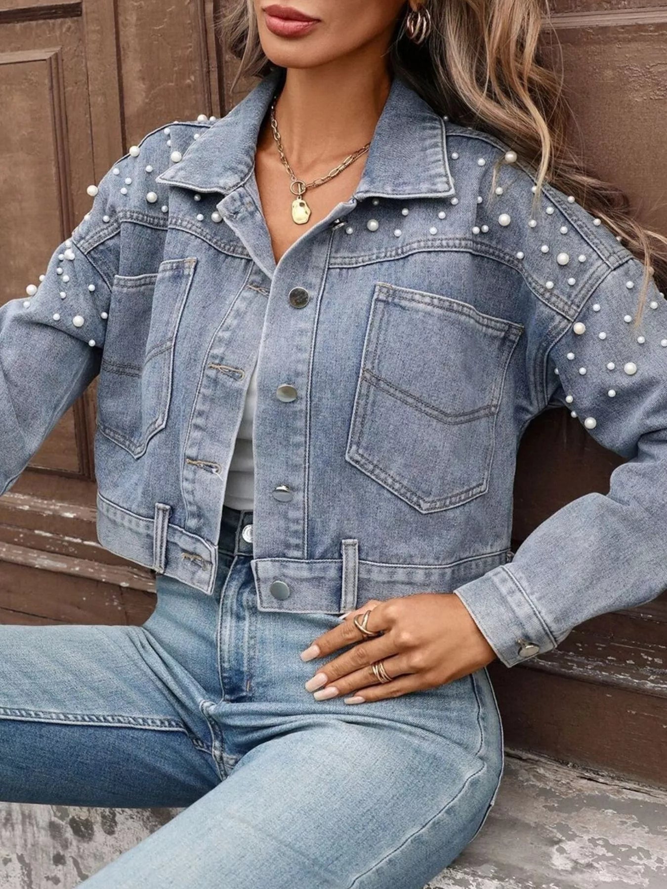 pearl denim jacket women styled for brunch modern European street style