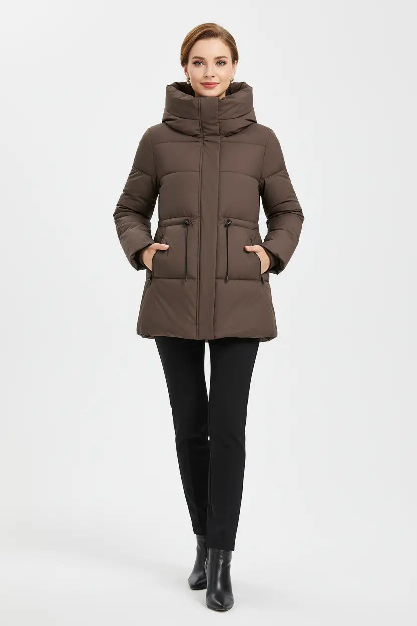 women’s mid-length hooded cotton coat khaki back view structured drape outdoor winter context