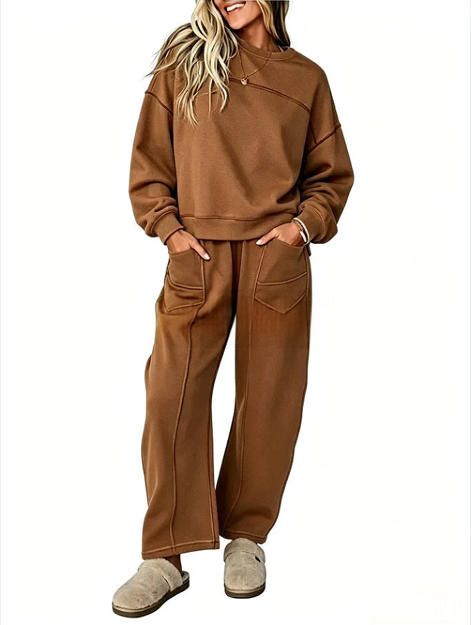 Original supplier model photo of the brown sweatshirt and wide-leg trouser set