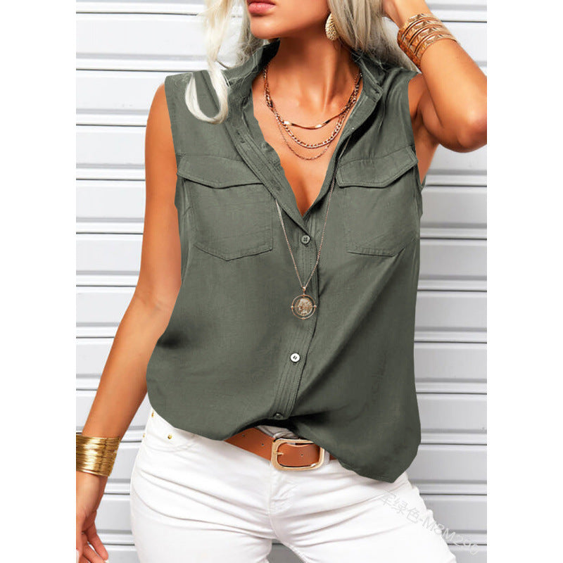 Woman wearing a green sleeveless shirt and white pants against a white background