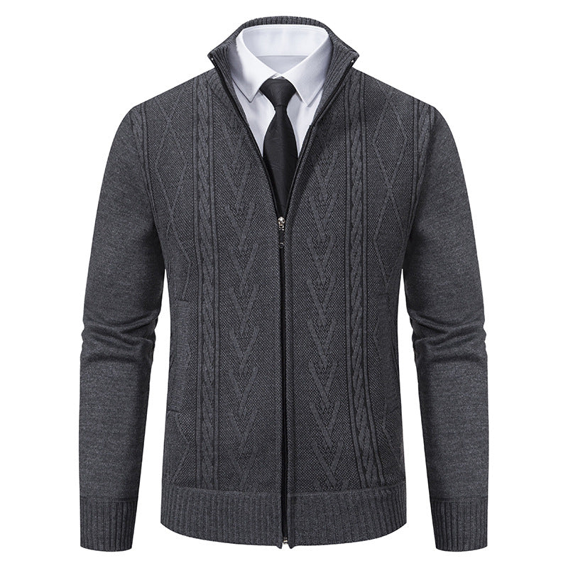 Men's stand collar cardigan knit texture close-up in dark gray polyester, soft touch look for warm, simple layering