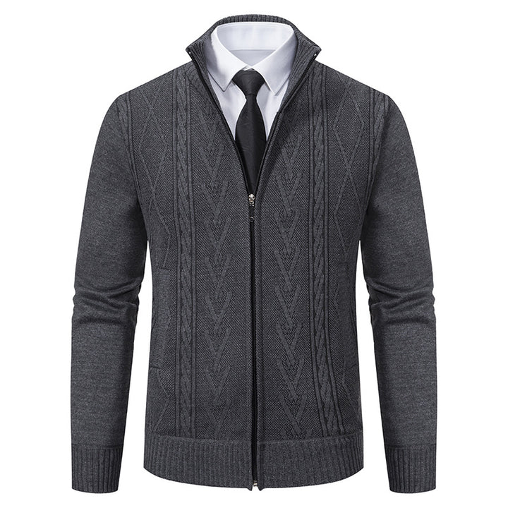 Men's stand collar cardigan knit texture close-up in dark gray polyester, soft touch look for warm, simple layering